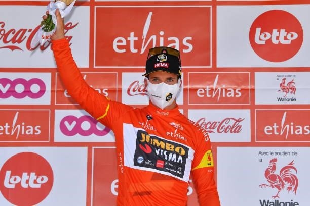 Dylan Groenewegen of Netherlands and Team Jumbo - Visma Red Leader Jersey celebrates at podium during the 42nd Tour de Wallonie 2021, Stage 1 a...