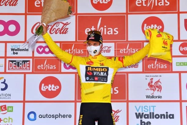 Dylan Groenewegen of Netherlands and Team Jumbo - Visma Yellow Points Jersey celebrates at podium during the 42nd Tour de Wallonie 2021, Stage 1 a...