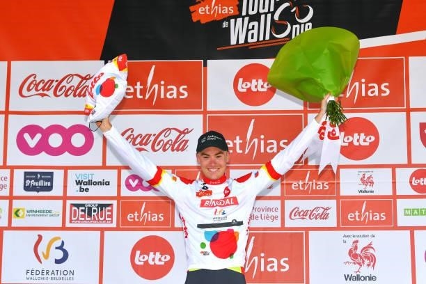 Tom Paquot of Belgium and Team Bingoal WB Polka Dot Mountain Jersey celebrates at podium during the 42nd Tour de Wallonie 2021, Stage 1 a 185,7km...