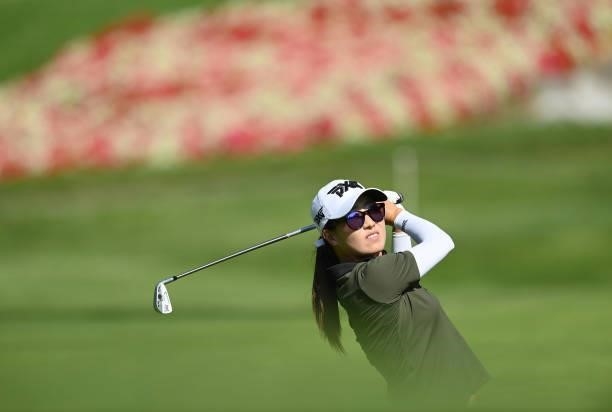 Jennifer Song of USA plays a shot during previews ahead of the The Amundi Evian Championship at Evian Resort Golf Club on July 20, 2021 in...