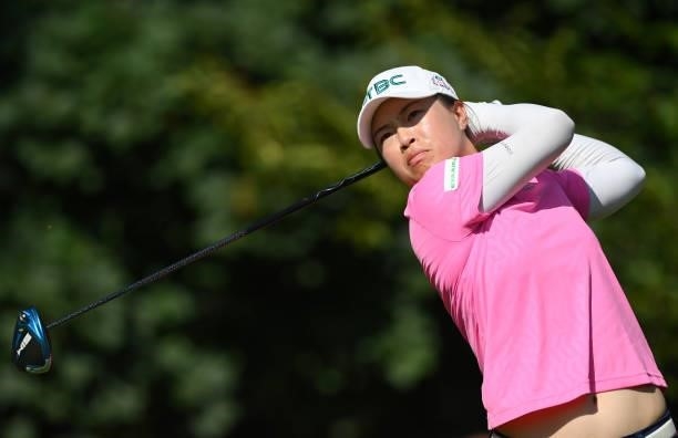 Min Lee plays a shot during previews ahead of the The Amundi Evian Championship at Evian Resort Golf Club on July 20, 2021 in Evian-les-Bains, France.