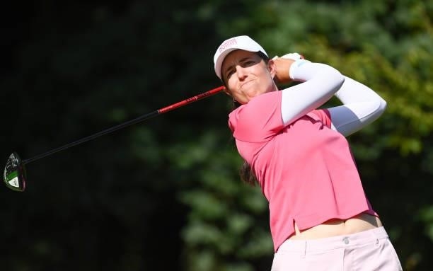 Giulia Molinaro of Italy plays a shot during previews ahead of the The Amundi Evian Championship at Evian Resort Golf Club on July 20, 2021 in...