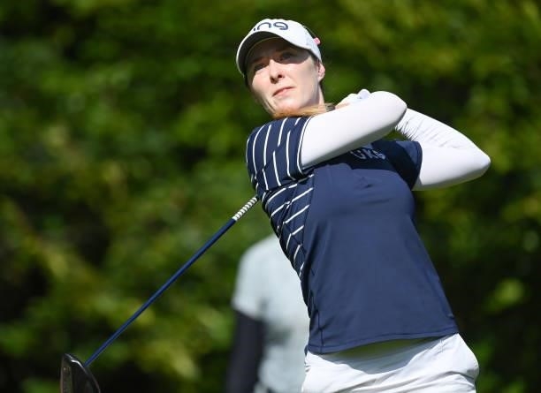 Brittany Altomare of USA plays a shot during previews ahead of the The Amundi Evian Championship at Evian Resort Golf Club on July 20, 2021 in...