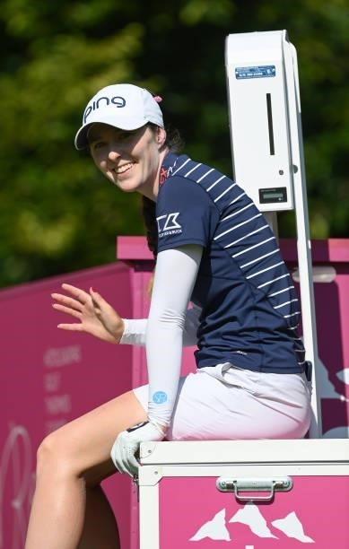 Brittany Altomare of USA waves during previews ahead of the The Amundi Evian Championship at Evian Resort Golf Club on July 20, 2021 in...