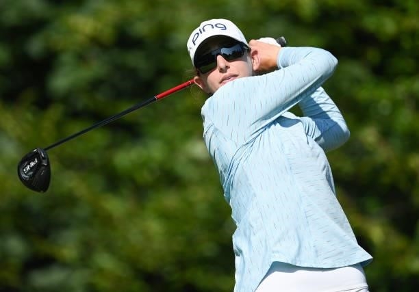 Elizabeth Szokol of USA plays a shot during previews ahead of the The Amundi Evian Championship at Evian Resort Golf Club on July 20, 2021 in...