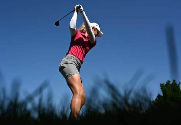 Amy Olson of USA plays a shot during previews ahead of the The Amundi Evian Championship at Evian Resort Golf Club on July 20, 2021 in...