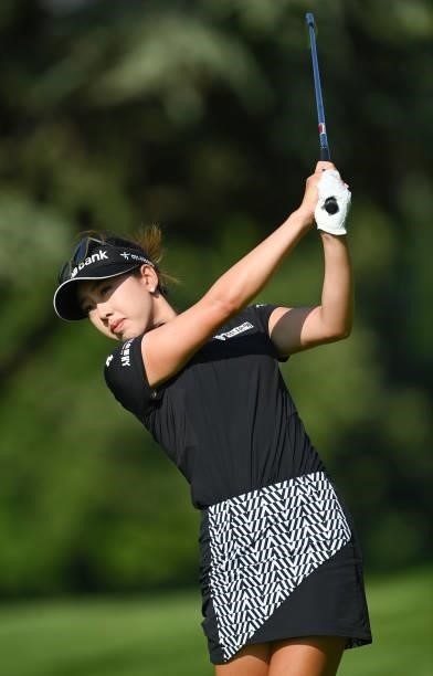 Yealimi Noh of USA plays a shot during previews ahead of the The Amundi Evian Championship at Evian Resort Golf Club on July 20, 2021 in...