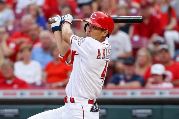 Shogo Akiyama of the Cincinnati Reds lines out in the second inning against the New York Mets at Great American Ball Park on July 19, 2021 in...