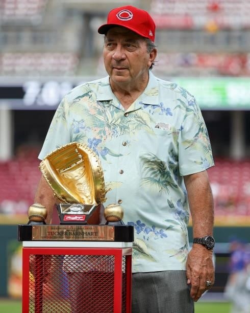 Hall of Famer Johnny Bench looks on during a ceremony before the game between the New York Mets and Cincinnati Reds at Great American Ball Park on...