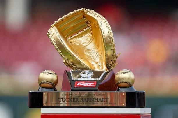 General view of the Rawlings Gold Glove Award presented to Tucker Barnhart of the Cincinnati Reds before the game against the New York Mets at Great...