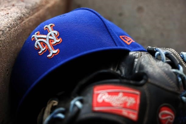 Detail view of a New York Mets hat during the game against the Cincinnati Reds at Great American Ball Park on July 19, 2021 in Cincinnati, Ohio.
