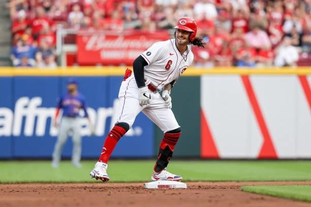 Jonathan India of the Cincinnati Reds celebrates after hitting a double in the first inning against the New York Mets at Great American Ball Park on...