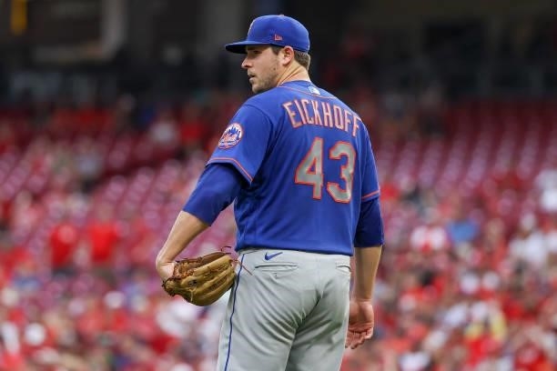 Jerad Eickhoff of the New York Mets looks on in the second inning against the Cincinnati Reds at Great American Ball Park on July 19, 2021 in...