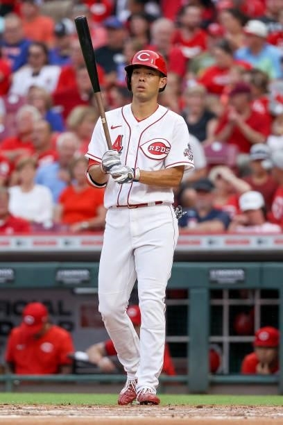 Shogo Akiyama of the Cincinnati Reds bats in the second inning against the New York Mets at Great American Ball Park on July 19, 2021 in Cincinnati,...