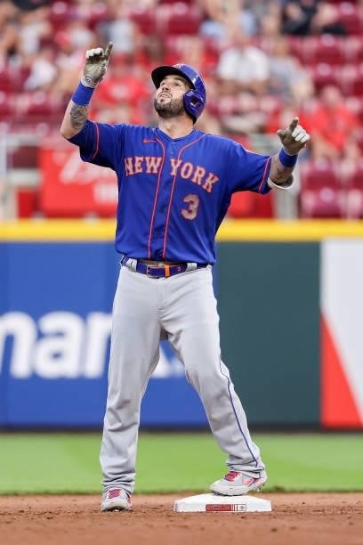 Tomas Nido of the New York Mets celebrates after hitting a double in the fourth inning against the Cincinnati Reds at Great American Ball Park on...
