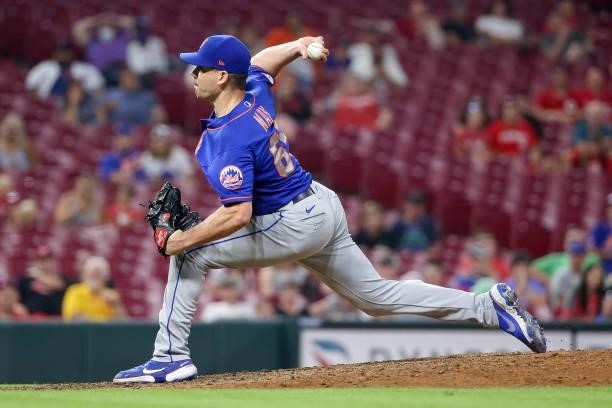 Trevor May of the New York Mets pitches in the eleventh inning against the Cincinnati Reds at Great American Ball Park on July 19, 2021 in...