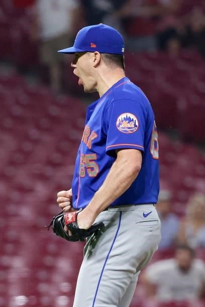 Trevor May of the New York Mets celebrates after beating the Cincinnati Reds 15-11 in eleven innings at Great American Ball Park on July 19, 2021 in...
