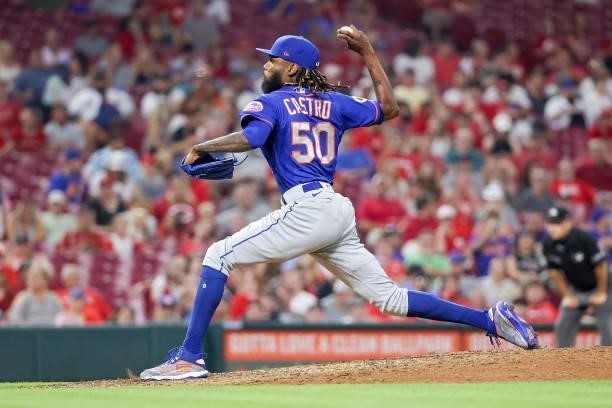 Miguel Castro of the New York Mets pitches in the sixth inning against the Cincinnati Reds at Great American Ball Park on July 19, 2021 in...