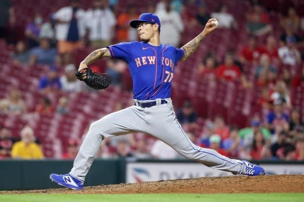 Anthony Banda of the New York Mets pitches in the eleventh inning against the Cincinnati Reds at Great American Ball Park on July 19, 2021 in...