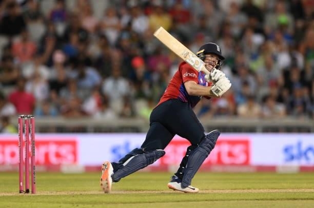 England captain Eoin Morgan hits out during the 3rd Vitality T20 match between England and Pakistan at Emirates Old Trafford on July 20, 2021 in...