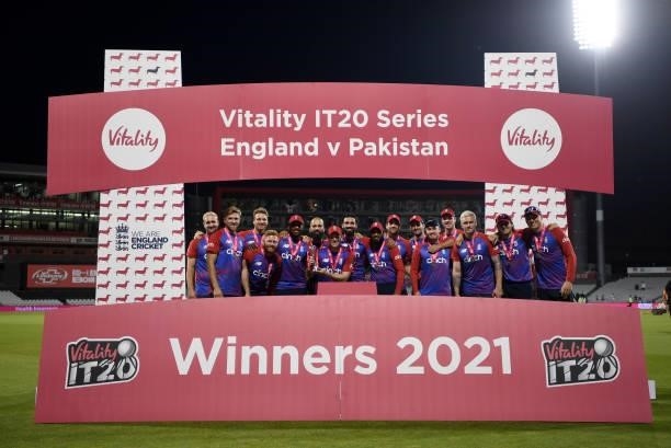 England celebrates winning the Third Vitality International T20 match between England and Pakistan at Emirates Old Trafford on July 20, 2021 in...