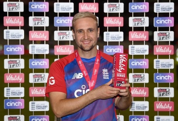 Man of the series Liam Livingstone celebrates with his trophy at the post match presentations after the Third Vitality International T20 match...