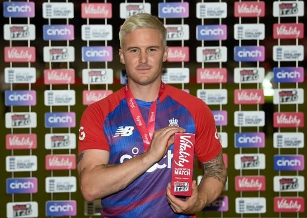 Man of the match Jason Roy of England celebrates with his trophy at the post match presentations after the Third Vitality International T20 match...