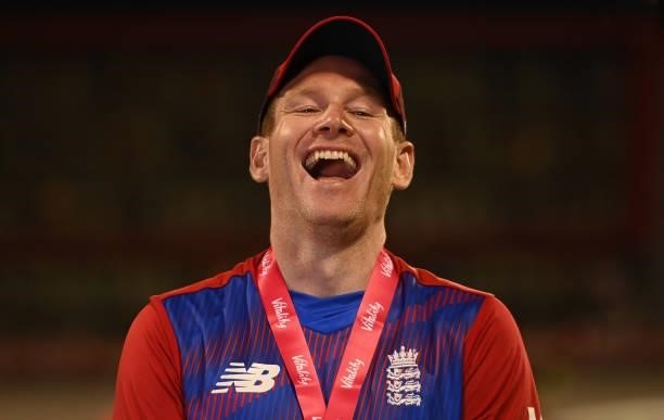 Eoin Morgan of England laughs as he is interviewed after the 3rd Vitality T20 International between England and Pakistan at Emirates Old Trafford on...