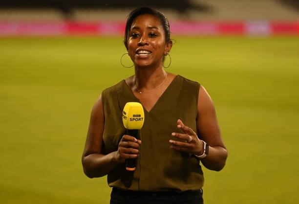 Ebony Rainford-Brent working for the BBC after the 3rd Vitality T20 International between England and Pakistan at Emirates Old Trafford on July 20,...