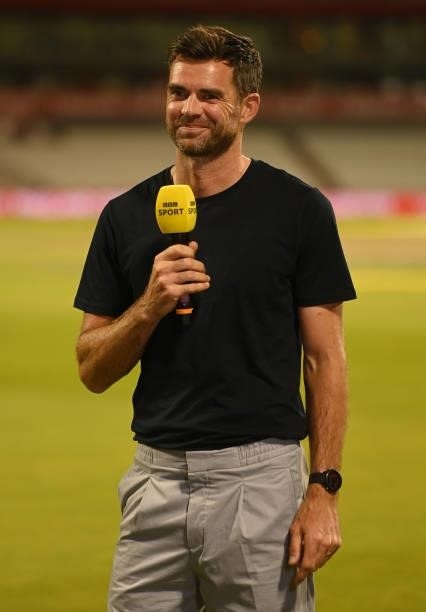 James Anderson working for BBC television after the 3rd Vitality T20 International between England and Pakistan at Emirates Old Trafford on July 20,...