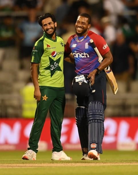 Hasan Ali of Pakistan and Chris Jordan of England leave the field after England won the 3rd Vitality T20 International between England and Pakistan...