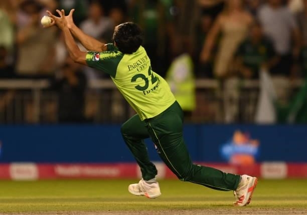 Hasan Ali of Pakistan drops a catch from the bat of Eoin Morgan of England during the 3rd Vitality T20 International between England and Pakistan at...