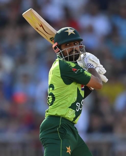 Babar Azam of Pakistan bats during the 3rd Vitality T20 International between England and Pakistan at Emirates Old Trafford on July 20, 2021 in...