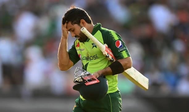 Mohammad Rizwan of Pakistan leaves the field not out during the 3rd Vitality T20 International between England and Pakistan at Emirates Old Trafford...