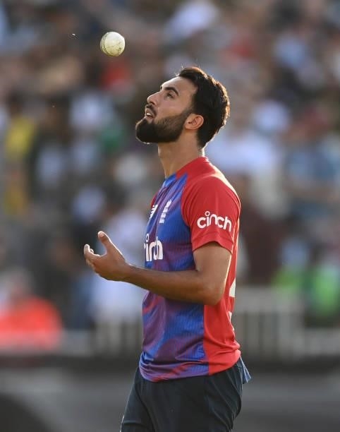 Saqib Mahmood of England throws the ball up during the 3rd Vitality T20 International between England and Pakistan at Emirates Old Trafford on July...