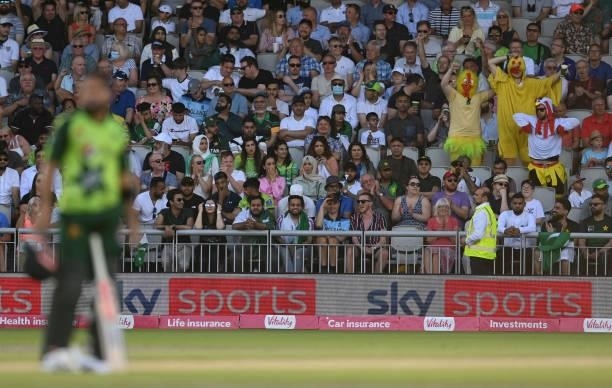 People dressed as chickens dance during the 3rd Vitality T20 International between England and Pakistan at Emirates Old Trafford on July 20, 2021 in...