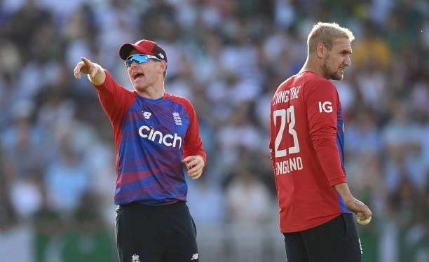 Eoin Morgan of England shouts as he stands with Liam Livingstone during the 3rd Vitality T20 International between England and Pakistan at Emirates...