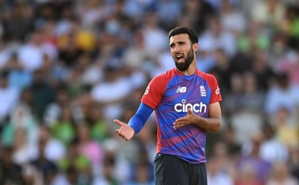 Saqib Mahmood of England gestures during the 3rd Vitality T20 International between England and Pakistan at Emirates Old Trafford on July 20, 2021 in...