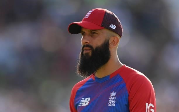 Moeen Ali of England looks on during the 3rd Vitality T20 International between England and Pakistan at Emirates Old Trafford on July 20, 2021 in...