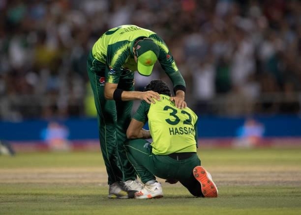 Shaheen Afridi of Pakistan consoles team mate Hasan Ali after he drops a catch off Eoin Morgan of England during the 3rd T20I between England and...