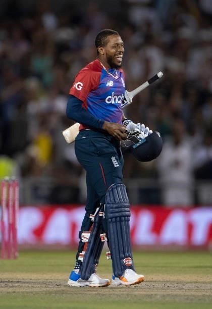 Chris Jordan of England celebrates scoring the winning runs during the 3rd T20I between England and Pakistan at Emirates Old Trafford on July 20,...