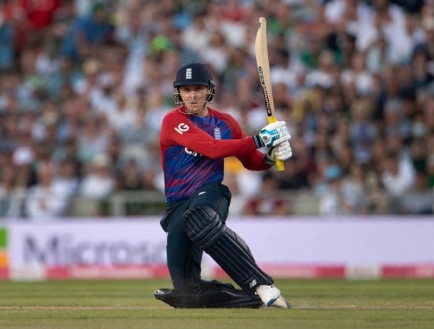 Jason Roy of England batting during the 3rd T20I between England and Pakistan at Emirates Old Trafford on July 20, 2021 in Manchester, England.