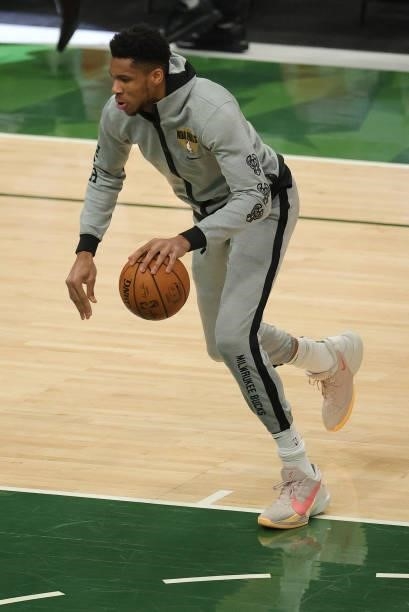Giannis Antetokounmpo of the Milwaukee Bucks warms up before Game Six of the NBA Finals against the Phoenix Suns at Fiserv Forum on July 20, 2021 in...