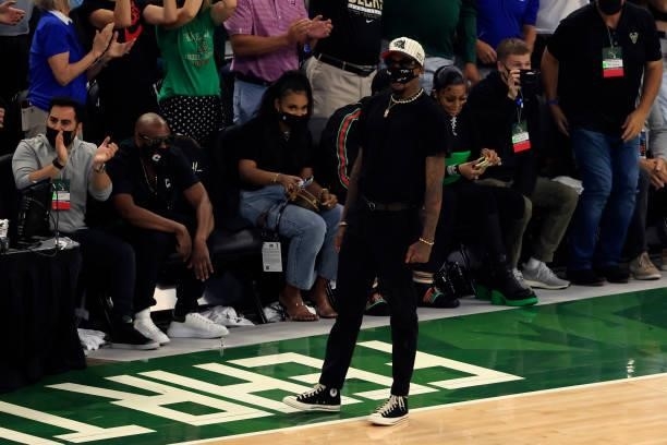 Former Milwaukee Bucks Brandon Jennings looks on during the first half in Game Six of the NBA Finals between the Milwaukee Bucks and the Phoenix Suns...