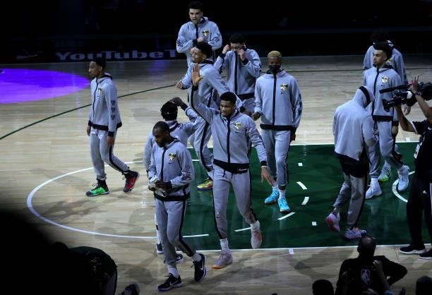 Giannis Antetokounmpo of the Milwaukee Bucks comes out for player introductions before Game Six of the NBA Finals against the Phoenix Suns at Fiserv...