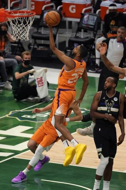 Mikal Bridges of the Phoenix Suns goes up for a shot against the Milwaukee Bucks during the second half in Game Six of the NBA Finals at Fiserv Forum...