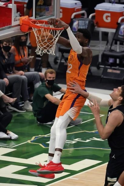 Deandre Ayton of the Phoenix Suns dunks against the Milwaukee Bucks during the second half in Game Six of the NBA Finals at Fiserv Forum on July 20,...