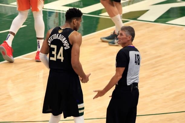 Giannis Antetokounmpo of the Milwaukee Bucks argues with referee Scott Foster during the second half in Game Six of the NBA Finals against the...