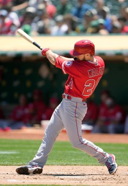 Jared Walsh of the Los Angeles Angels bats against the Oakland Athletics in the top of the third inning at RingCentral Coliseum on July 20, 2021 in...