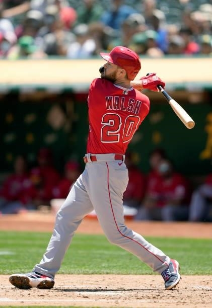 Jared Walsh of the Los Angeles Angels bats against the Oakland Athletics in the top of the third inning at RingCentral Coliseum on July 20, 2021 in...